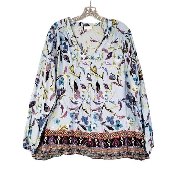 J Jill Shirt Top Women’s Plus Size 2X Blue Floral Button Up Long Sleeve Rayon - Picture 2 of 10
